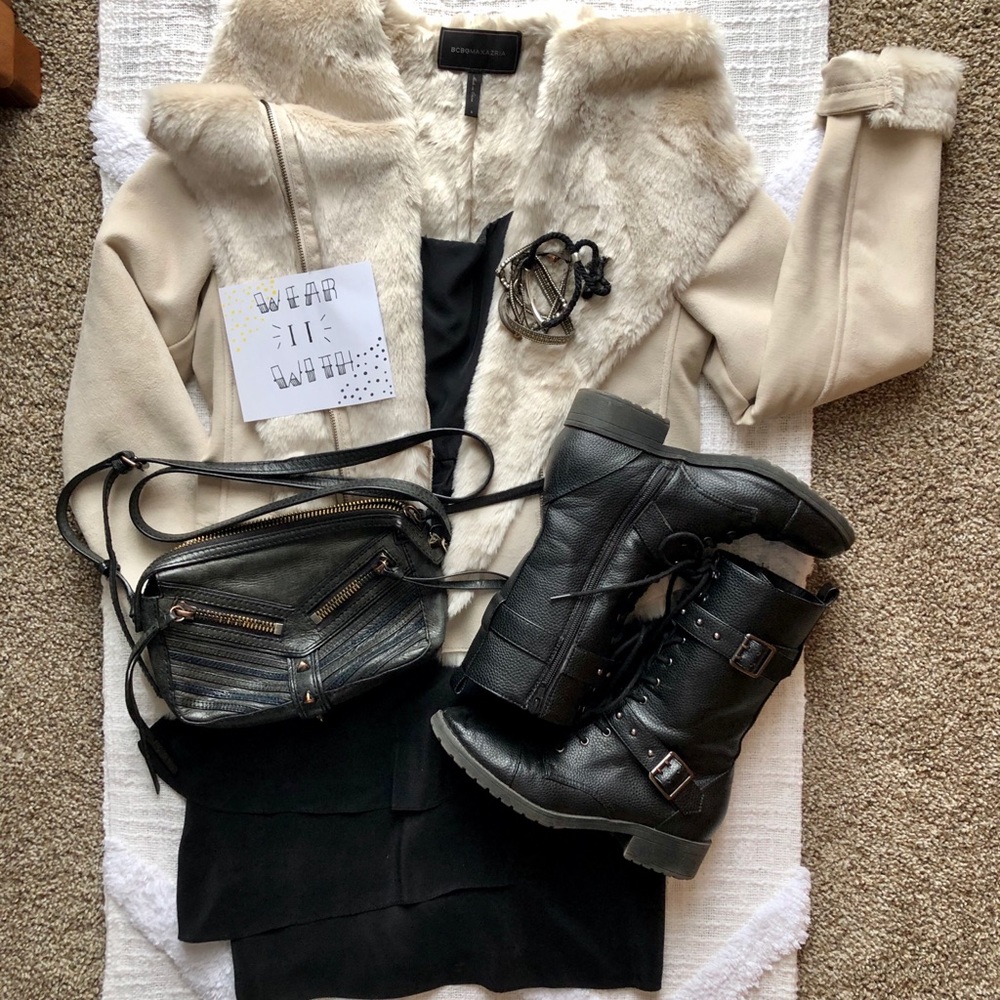 BCBGMAXAZRIA Faux fur and suede Moto jacket.